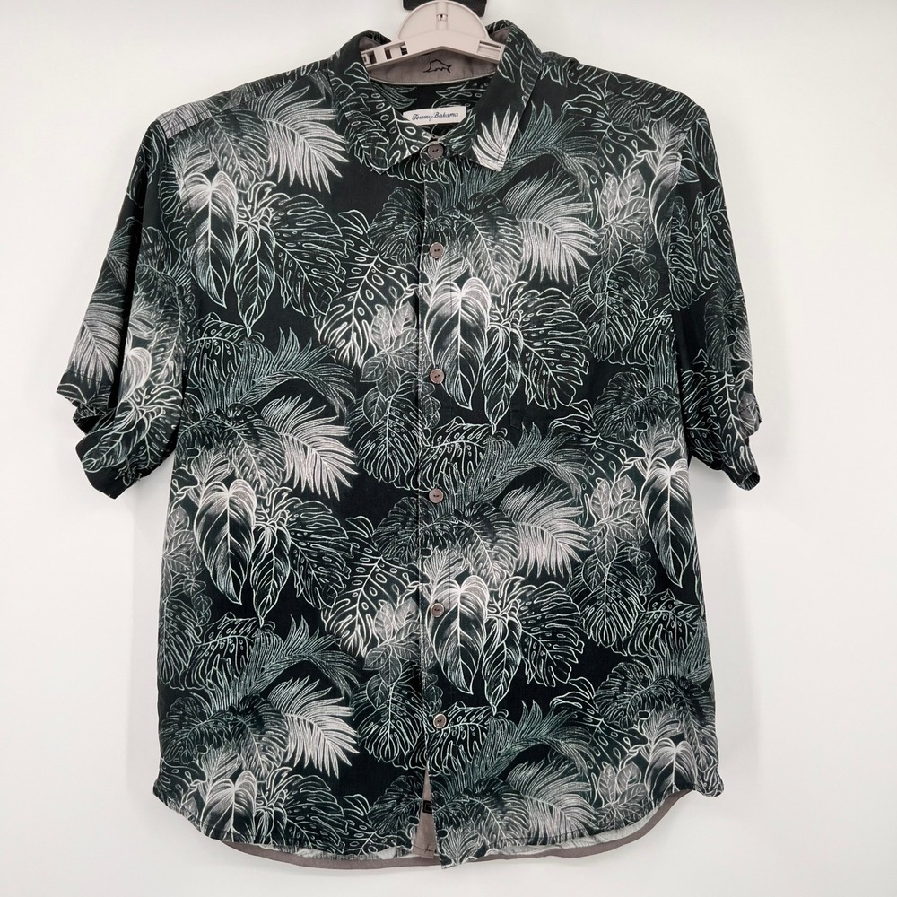Tommy Bahama Mens XL Black White Tropical Leaf Print Short Sleeve Button Up